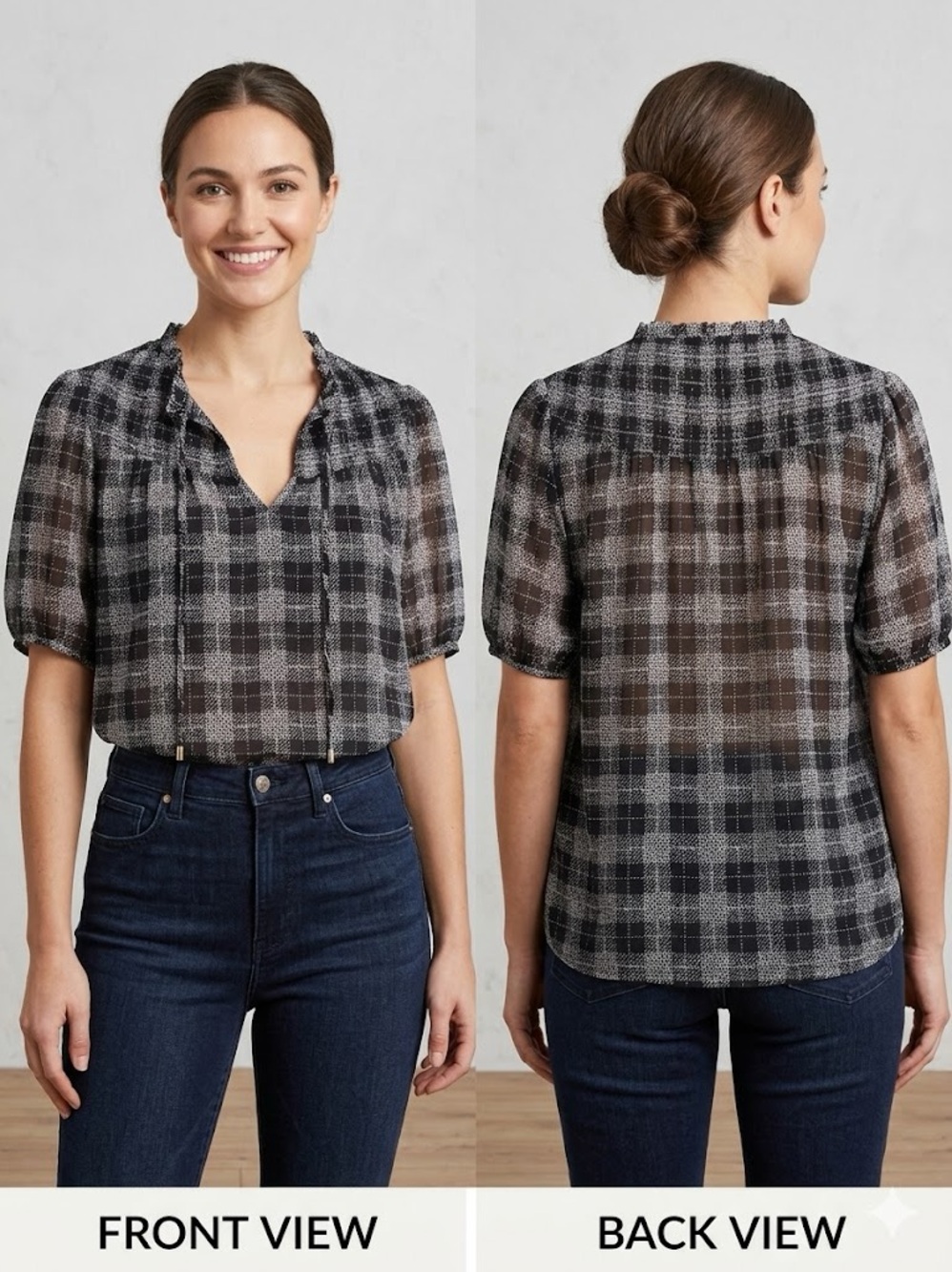 Tommy Hilfiger Black Plaid Ruffle Neck Chiffon Blouse Size L